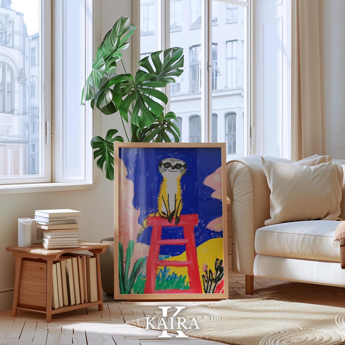 Curious Meerkat Standing Tall and Proud on a Bright Red Stool Poster - Image 4