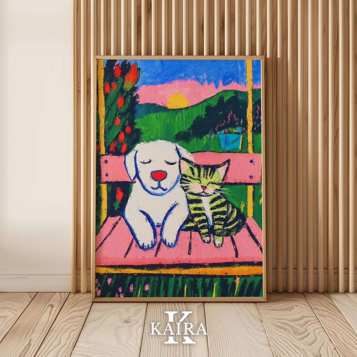 White Dog and Tabby Cat Relaxing on a Pink Bench at Sunset Poster