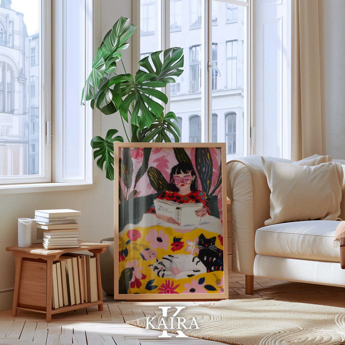 Woman Reading In Bed With Two Cats Cozy Book Lovers Art Poster - Image 4