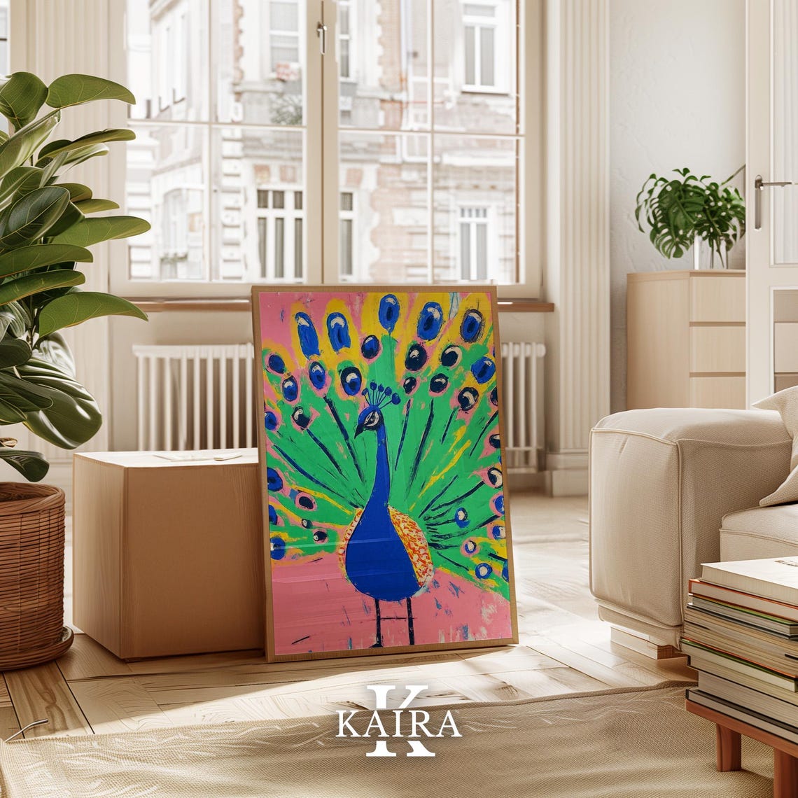 Vibrant Peacock Displaying His Colorful Fanned Tail on Pink Poster - Image 3