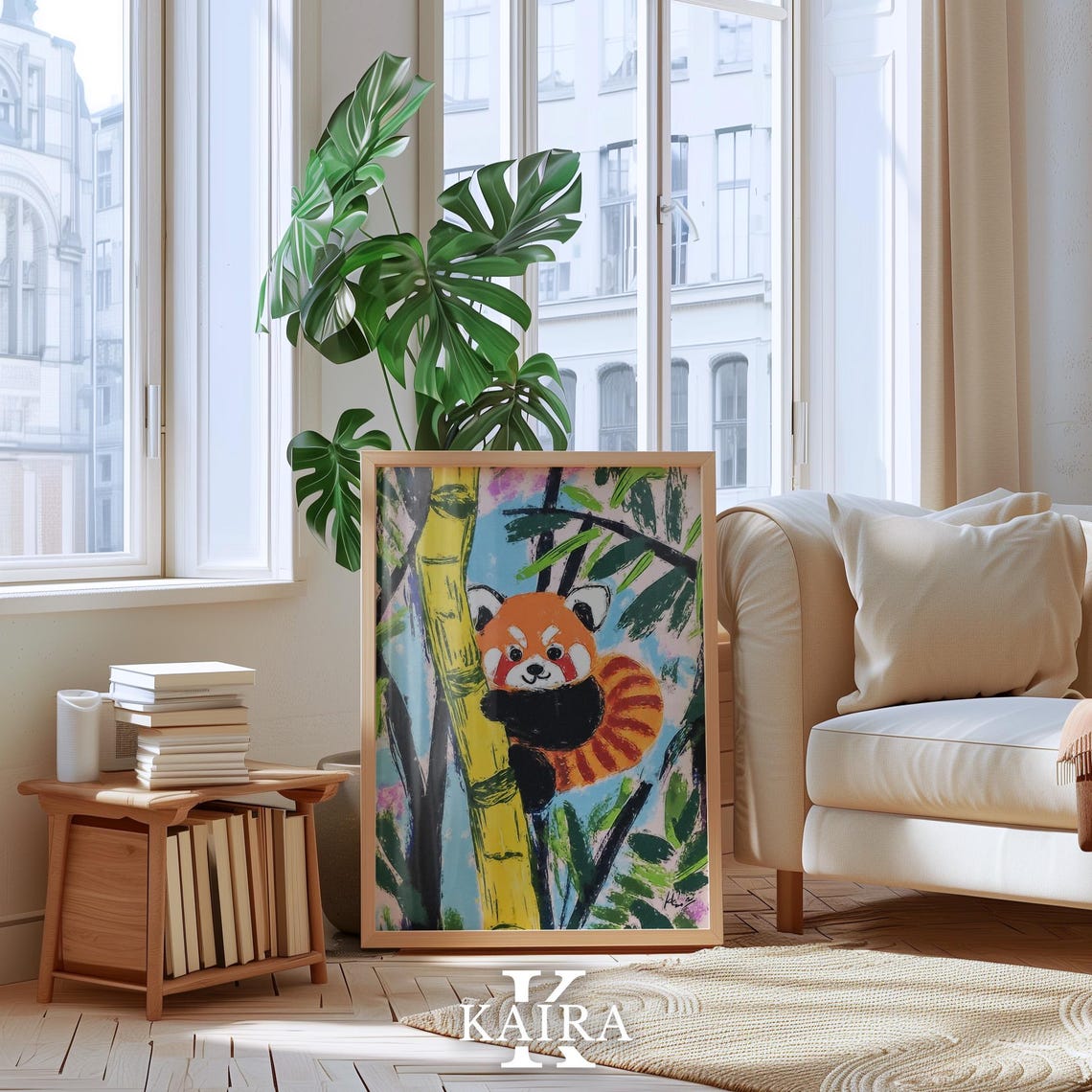 Adorable Red Panda Climbing a Tall Yellow Bamboo Stalk Poster - Image 3