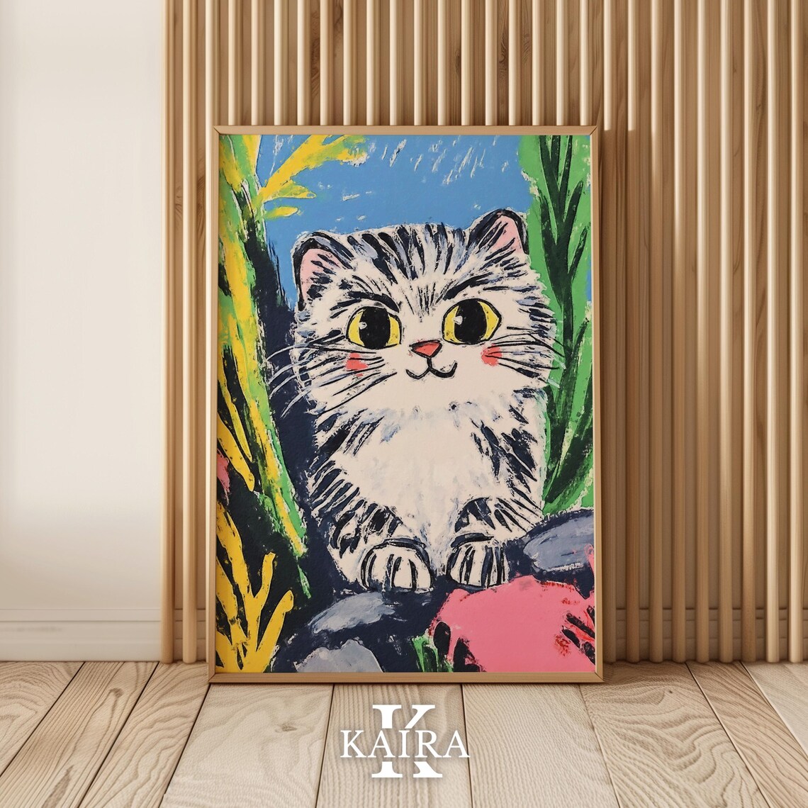 Wide Eyed Fluffy Tabby Kitten Peeking Out of Bright Greenery Poster - Image 4