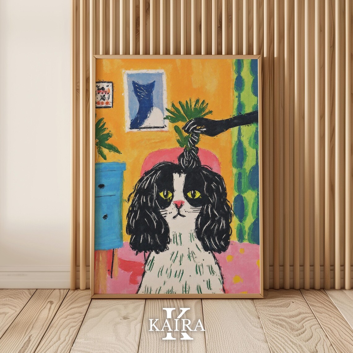 Black and White Dog With Yellow Eyes in a Colorful Room Poster