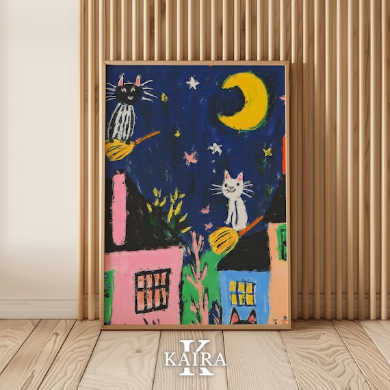 Two Playful Witch Cats Flying Over Houses on a Starry Night Poster