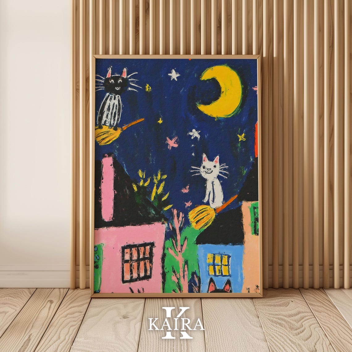 Two Playful Witch Cats Flying Over Houses on a Starry Night Poster