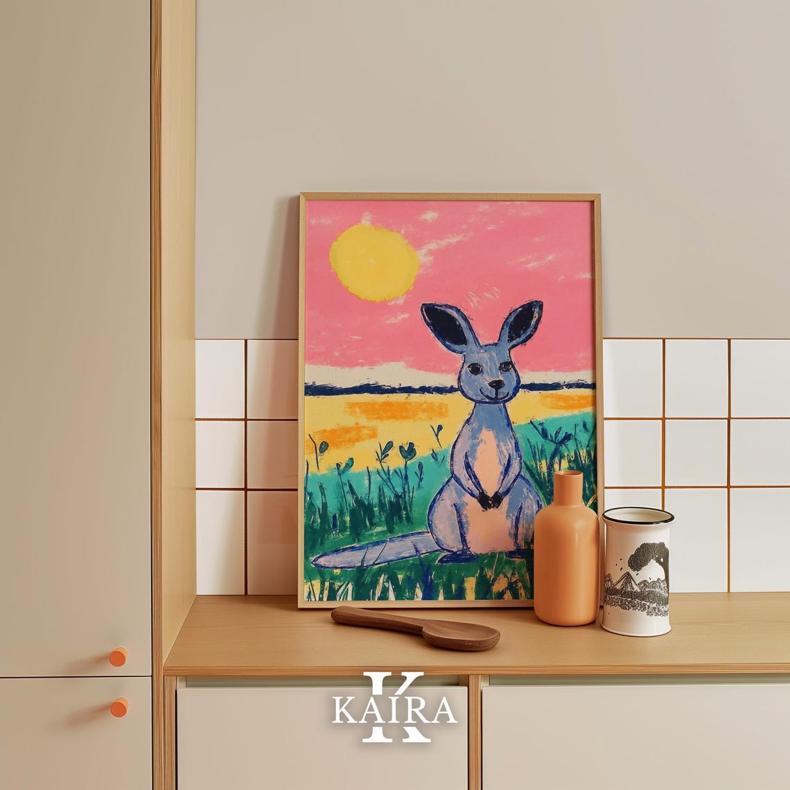 Smiling Blue Kangaroo Standing in Grass Under a Pink Sunset Poster - Image 4