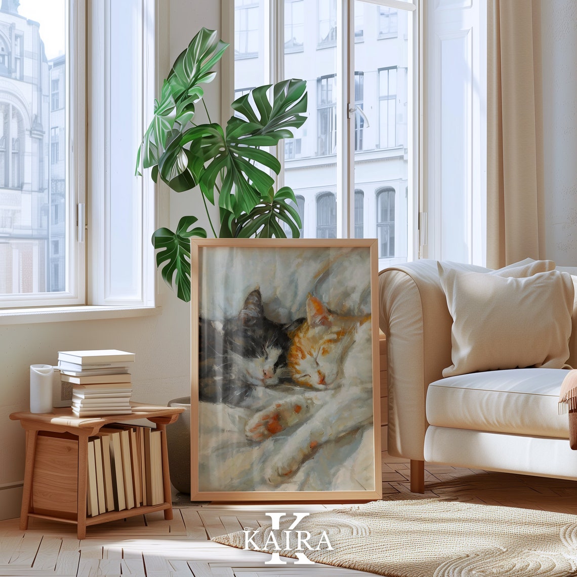 Two Sleeping Cats Cuddling Soft Cozy Watercolor Painting Cat Poster - Image 3