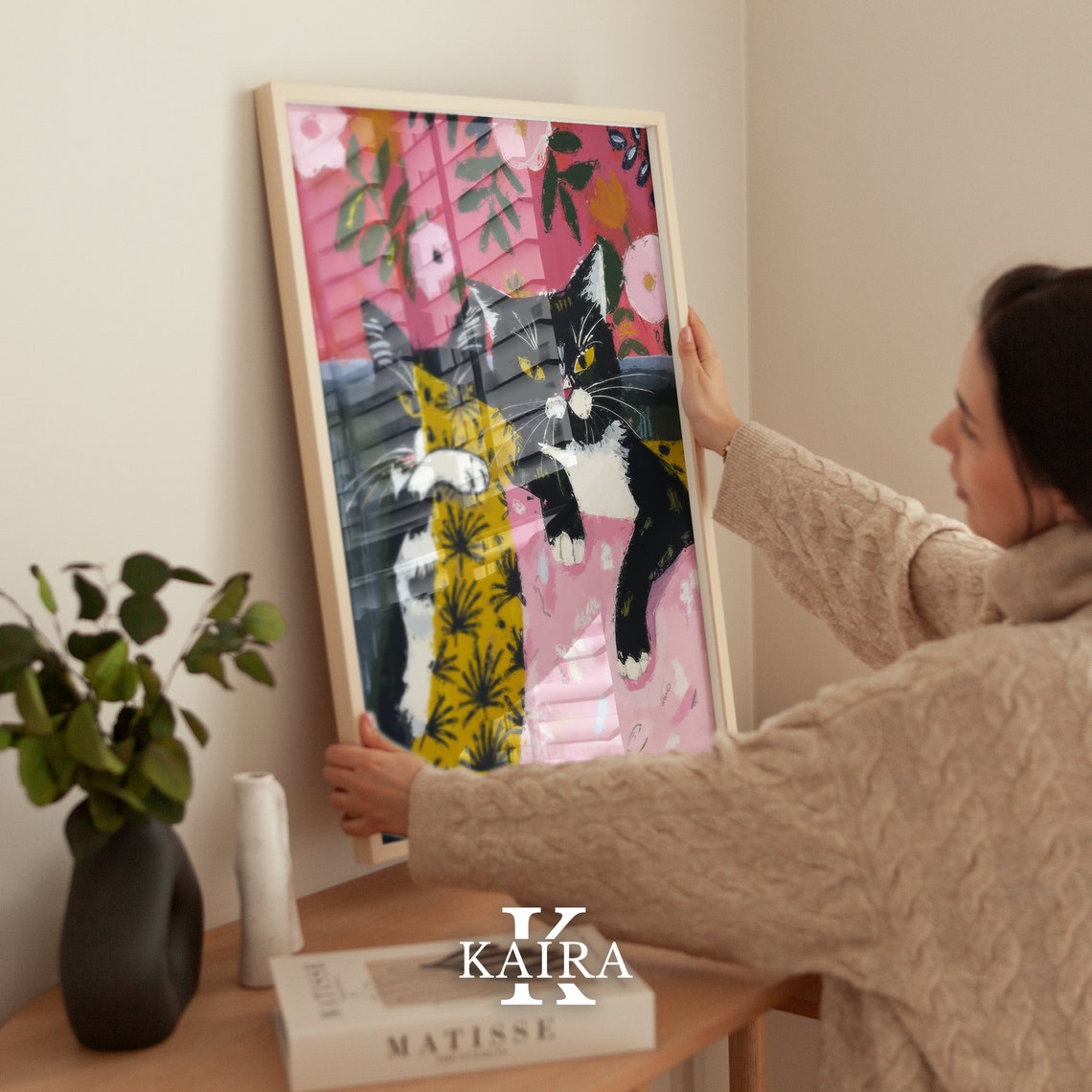 Two Tuxedo Cats In Playful Pillow Fight Fun Whimsical Cat Art Poster - Image 2