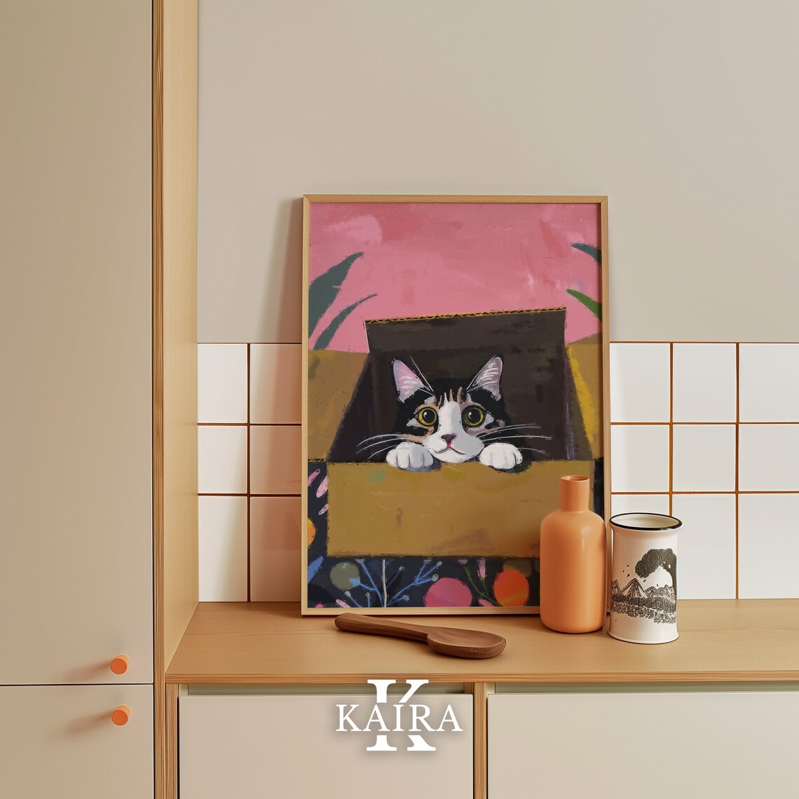 Wide Eyed Calico Kitten Peeking Out Of A Cardboard Box Cute Art Poster - Image 5