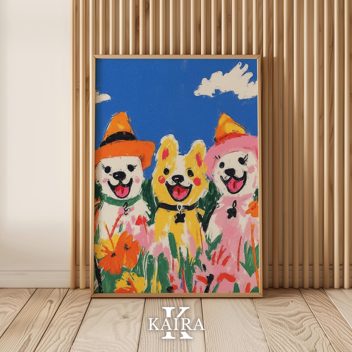 Three Happy Dogs Wearing Witch Hats in a Flower Meadow Poster - Image 5