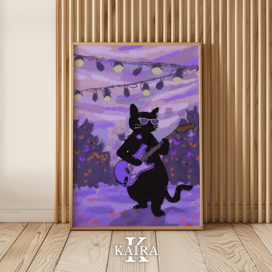 Cool Black Cat Playing Electric Guitar At Outdoor Party String Lights Poster - Image 2