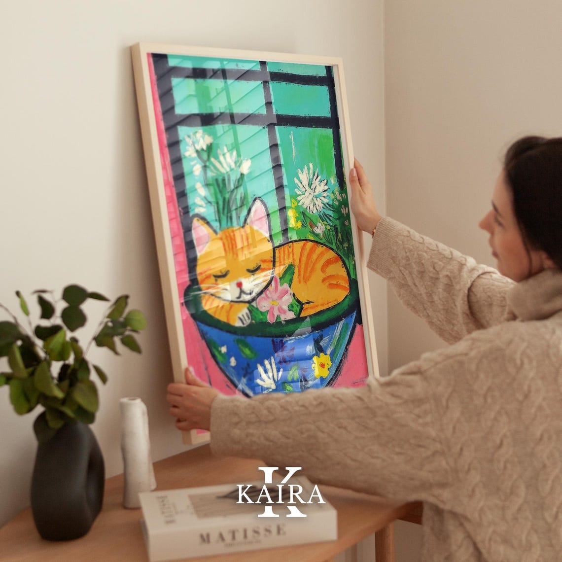 Sleepy Ginger Cat Curled Up in a Decorated Blue Floral Bowl Poster