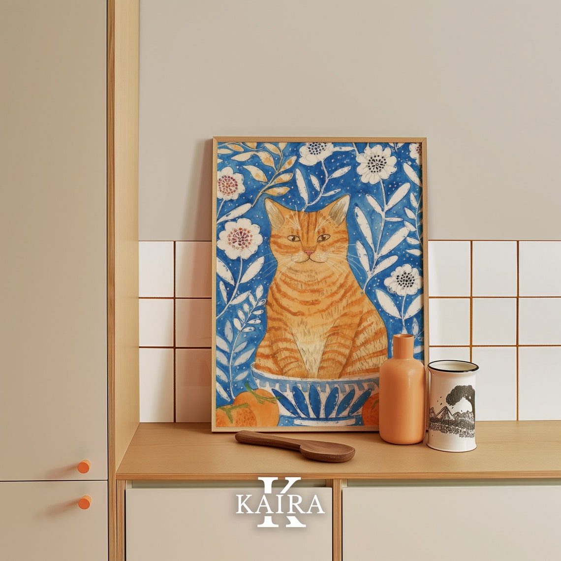 Ginger Tabby Cat On Blue Floral Botanical Background Art Poster - Image 5