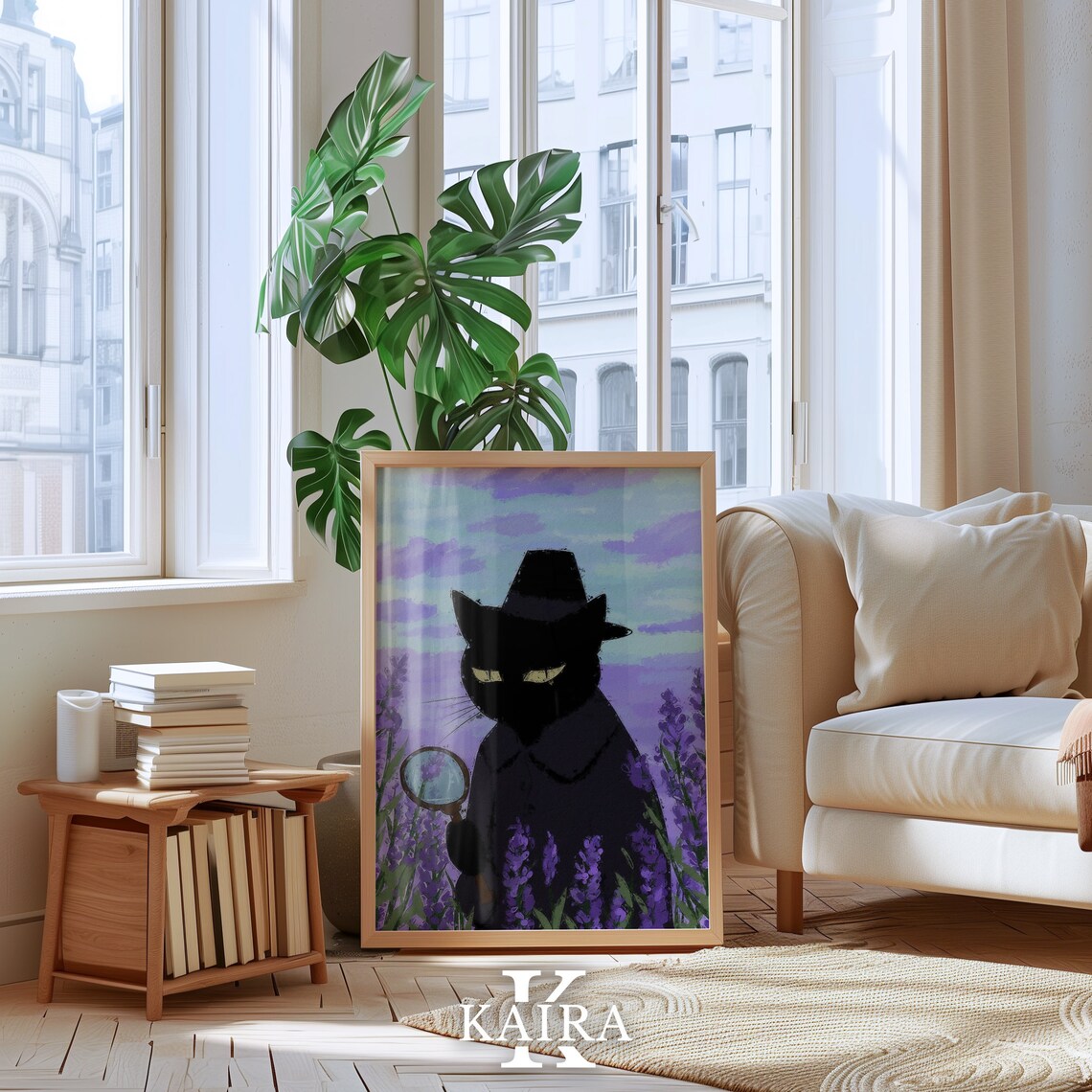Black Detective Cat With Magnifying Glass In Lavender Field Poster - Image 4