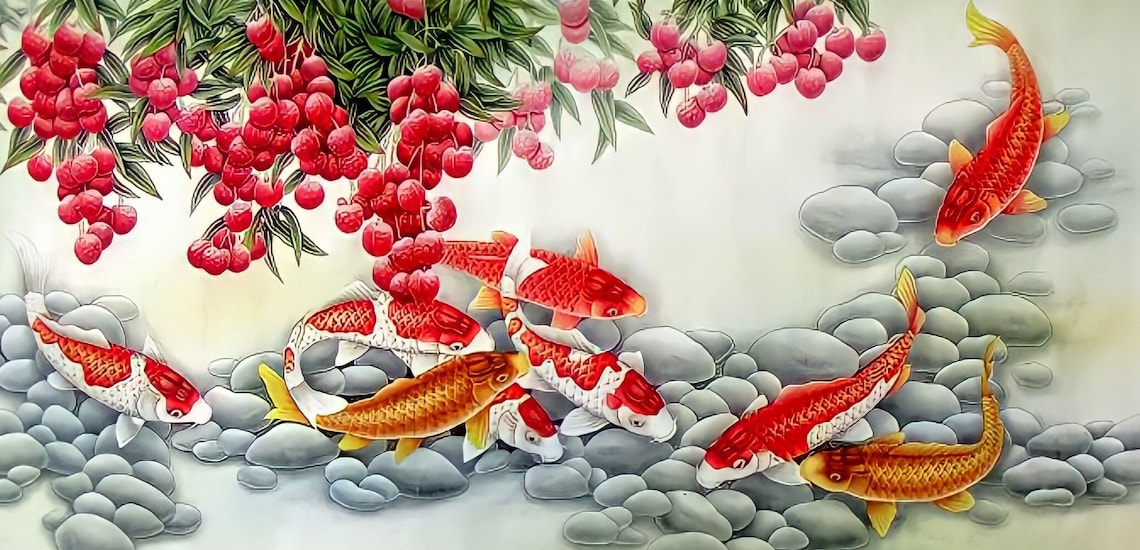 9 Koi Fish Feng Shui Painting With Very Realistic Design - Image 3