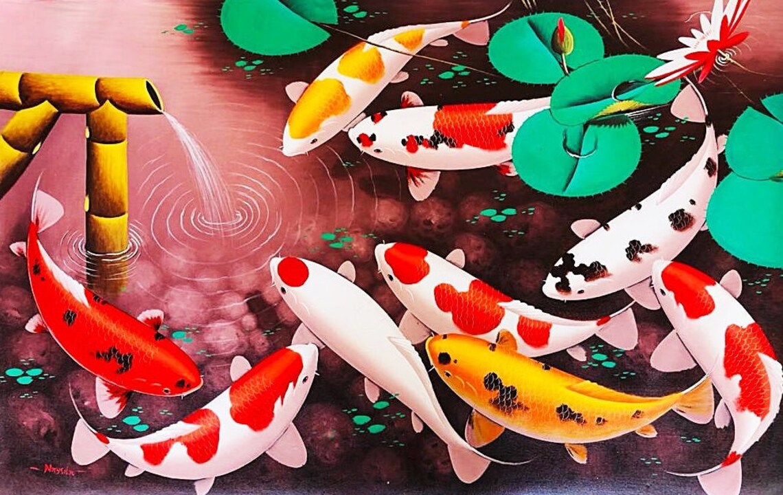 9 Koi Fish and Bamboo Fountain Wall Art Print - Image 4
