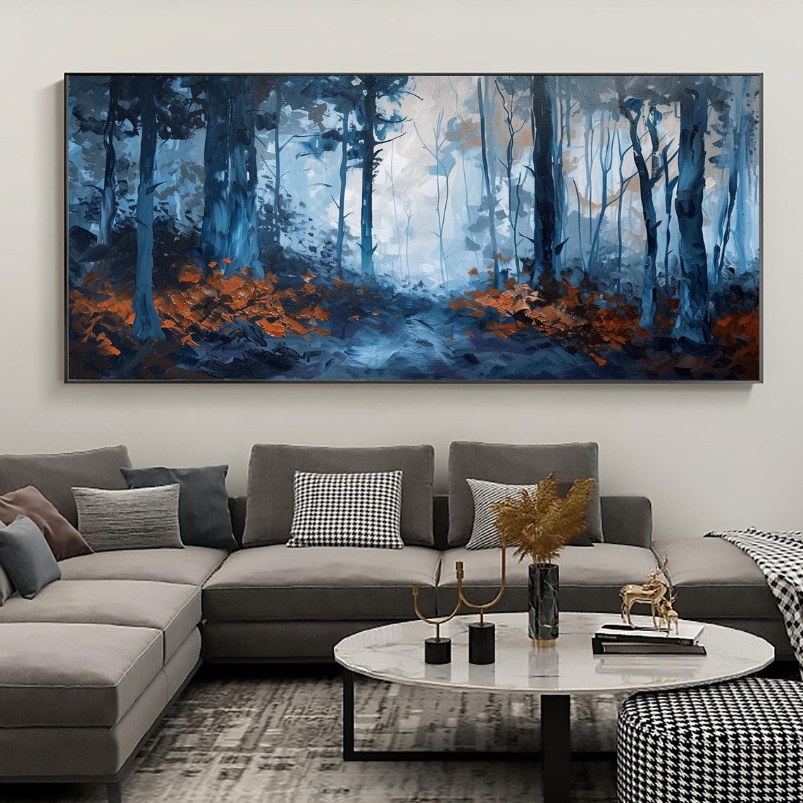 Misty Blue Forest With Tall Trees And Rust Undergrowth Poster - Image 5