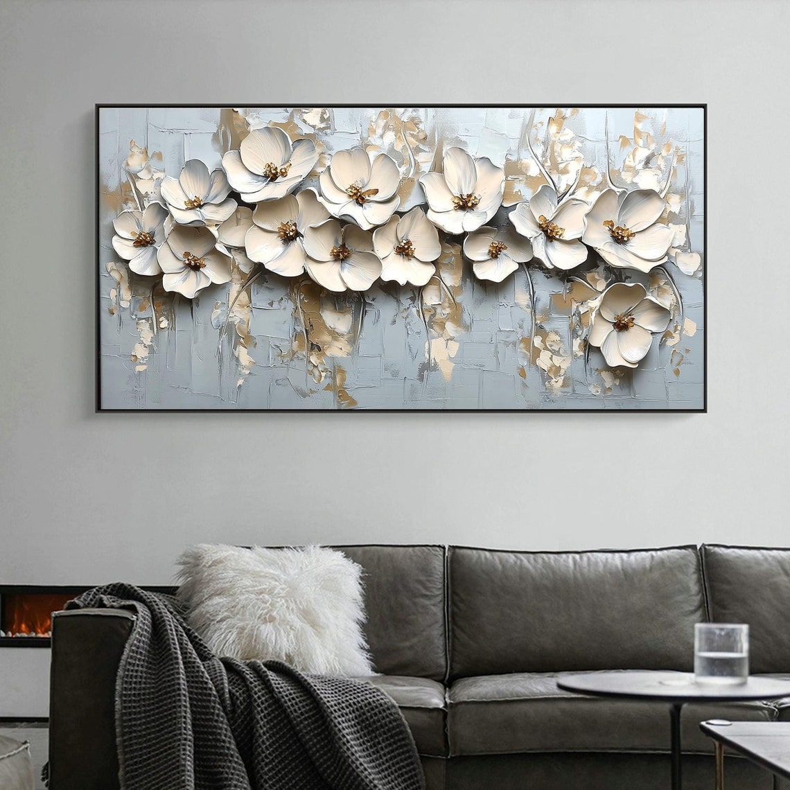 White 3D Flower Garland Draped on Pale Blue Grey Floral Wall Art