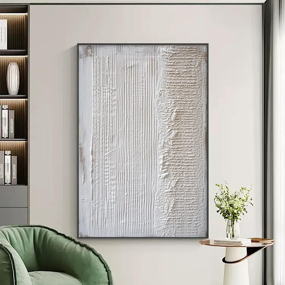 Minimalist White Beige Ridged Plaster Texture Abstract Wall Art