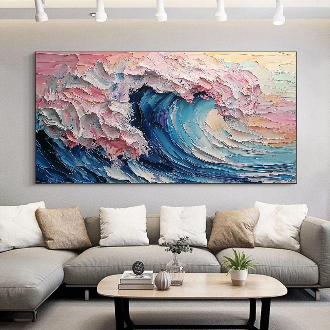 Towering Blue Ocean Wave with Pink Foam Impasto Seascape Wall Art