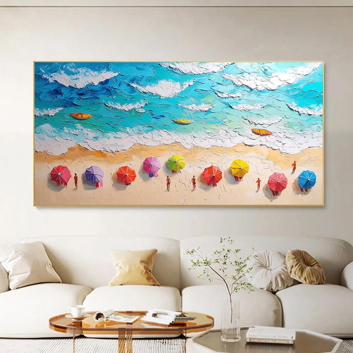 Sunny Beach Day With Colorful Umbrellas And Turquoise Waves Poster