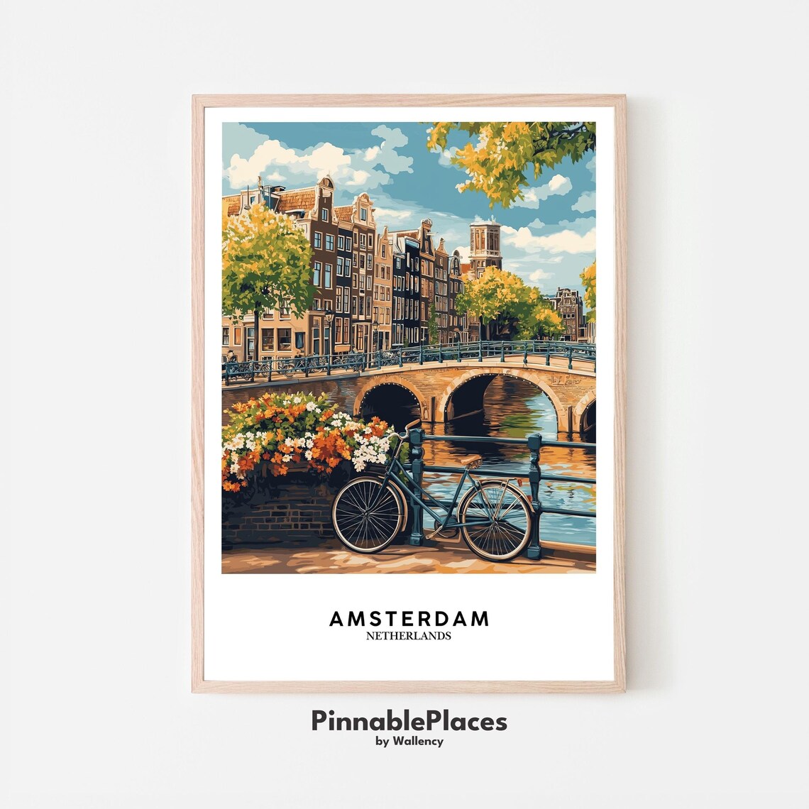 Amsterdam Canal Bridge Bicycle Flowers Summer Vintage Travel Poster