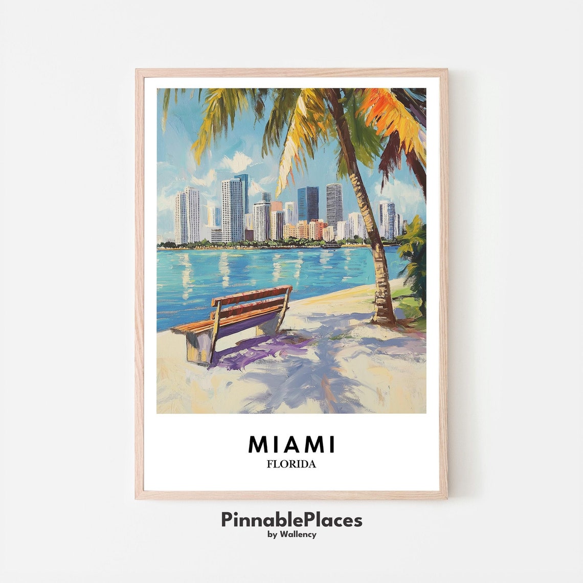 Miami Florida Skyline Beach Bench Palm Painted Travel Poster