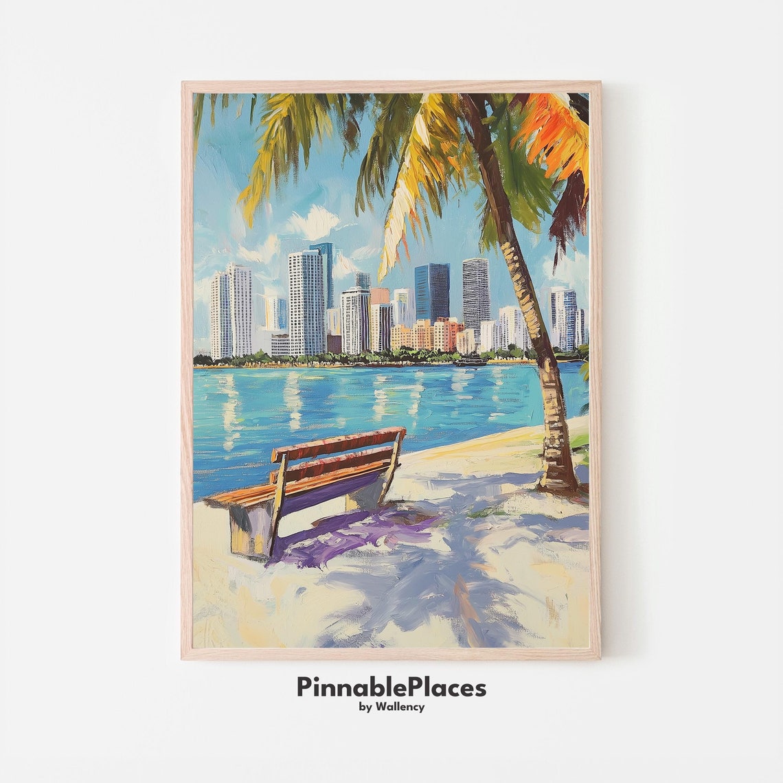 Miami Skyline Palm Tree Beach Bench Tropical Coastal Scene Poster