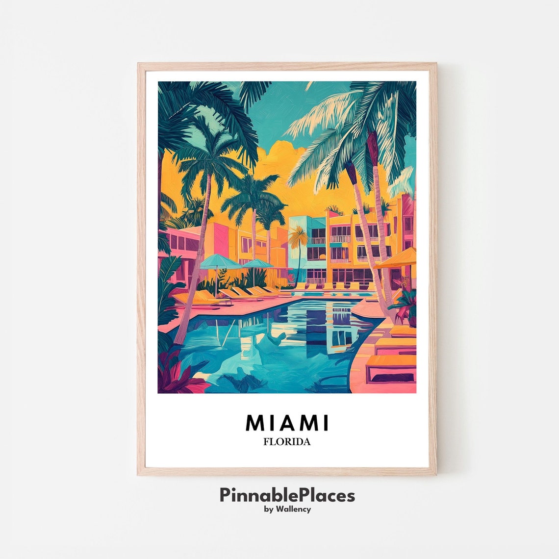 Miami Florida Tropical Pool Palm Trees Retro Vintage Art Poster