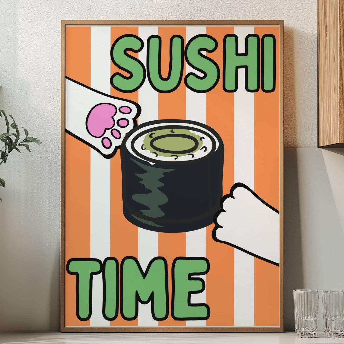 Sushi Time Cat Paws Maki Roll on Orange Striped Kitchen Poster