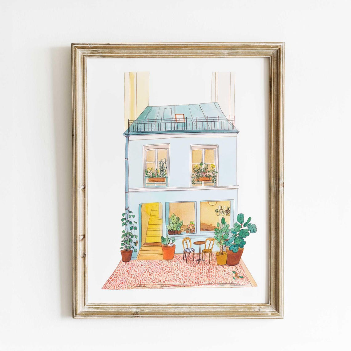 Parisian Cafe Terrace Watercolor Scene with Flower Boxes Poster
