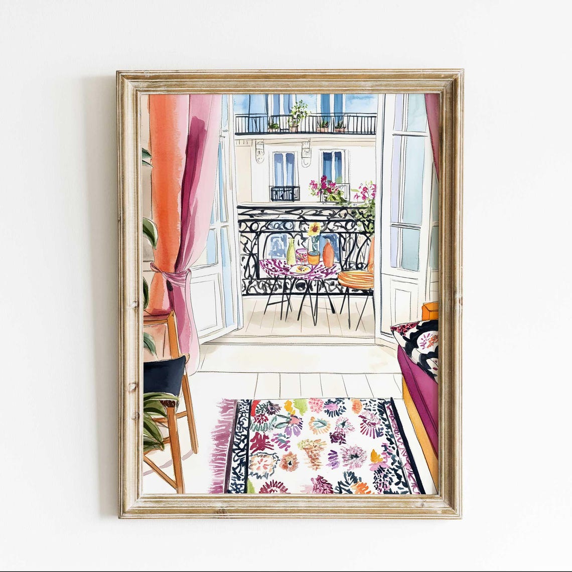 Paris Balcony Interior View Watercolor Poster Romantic French Decor