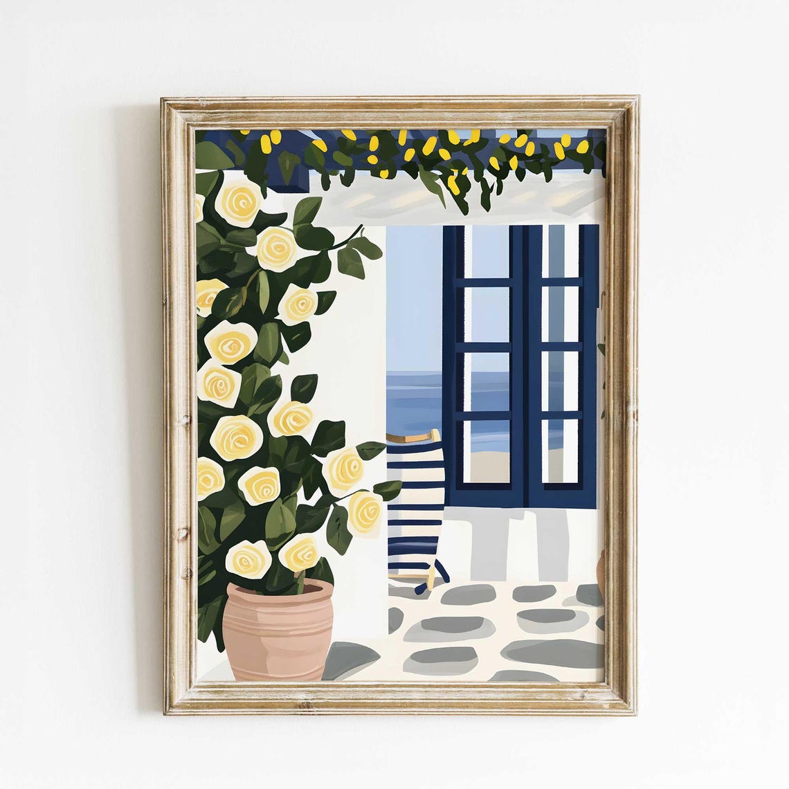 Greek Island Courtyard Yellow Roses Watercolor Seaside Poster