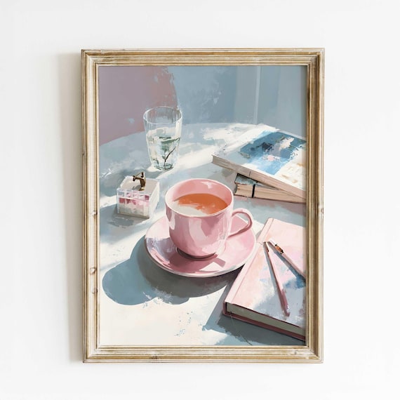 Pink Teacup Morning Still Life Watercolor Cozy Journal Art Poster