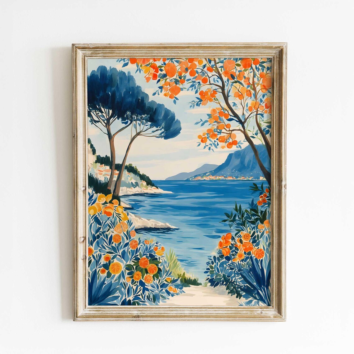 Mediterranean Citrus Coast Art Print, Coastal Orange Grove
