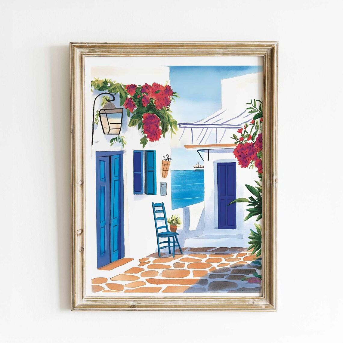 Greek Island Alley Watercolor with Blue Doors and Sea View Poster