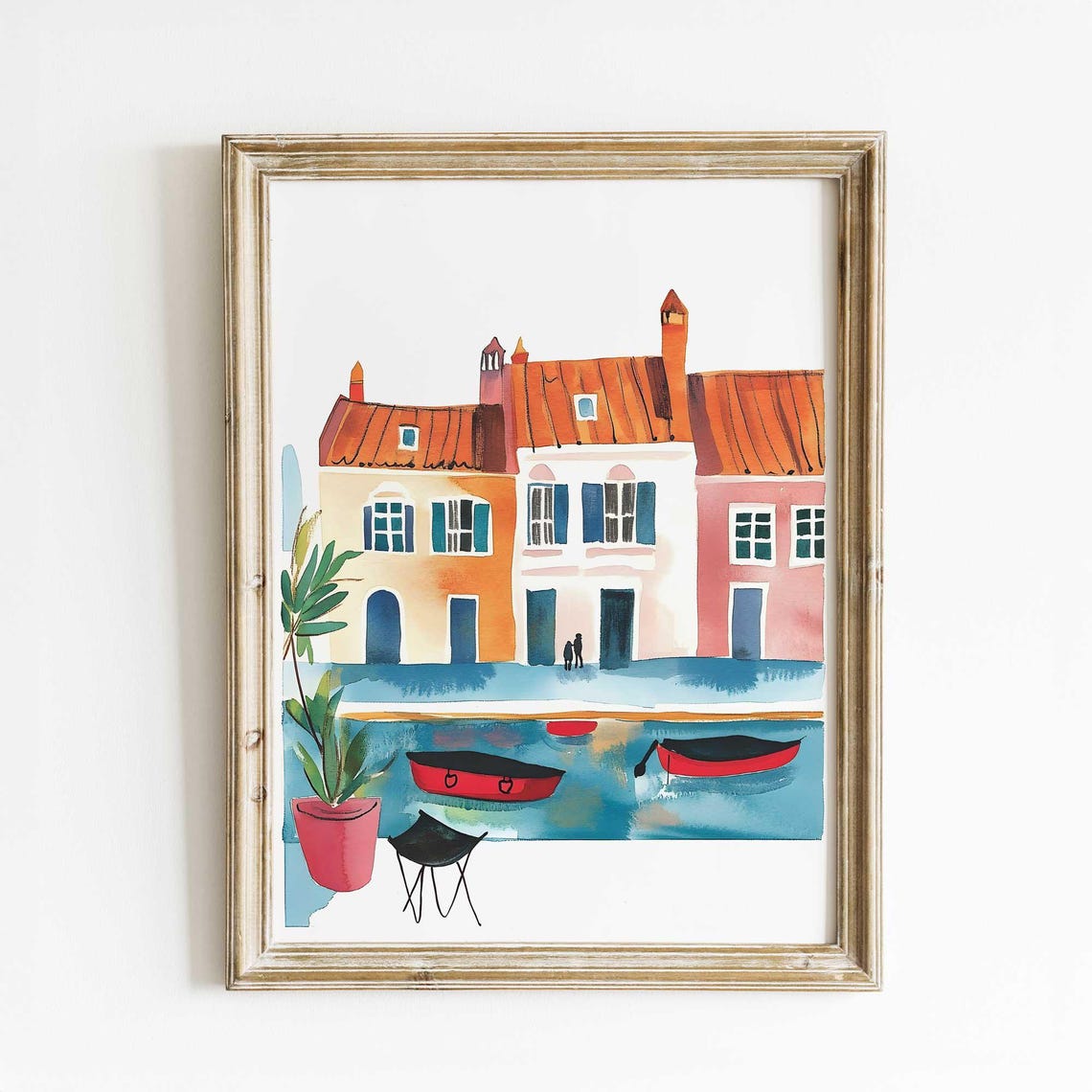 Colorful European Harbor Watercolor Poster With Boats And Red Roofs