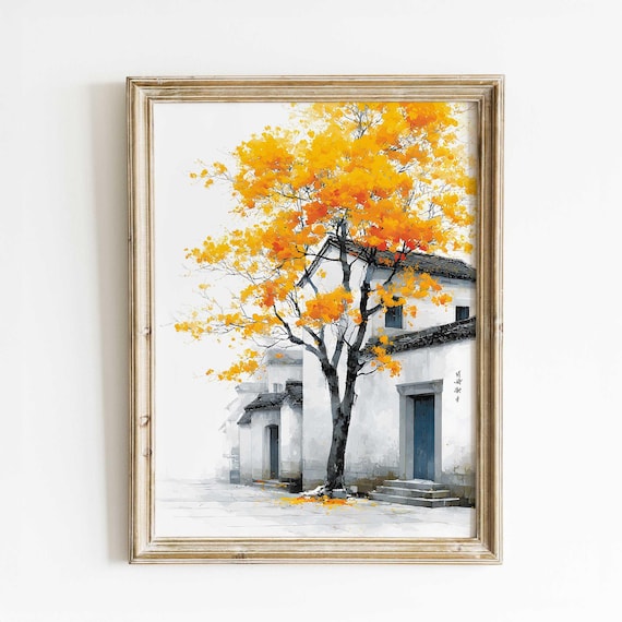 Golden Autumn Tree Chinese Village Watercolor Asian Art Poster