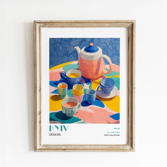 Kyiv Tea Set Wall Art Print Colorful Cups Teapot Poster Instant Kitchen Decor Modern Gallery Dart