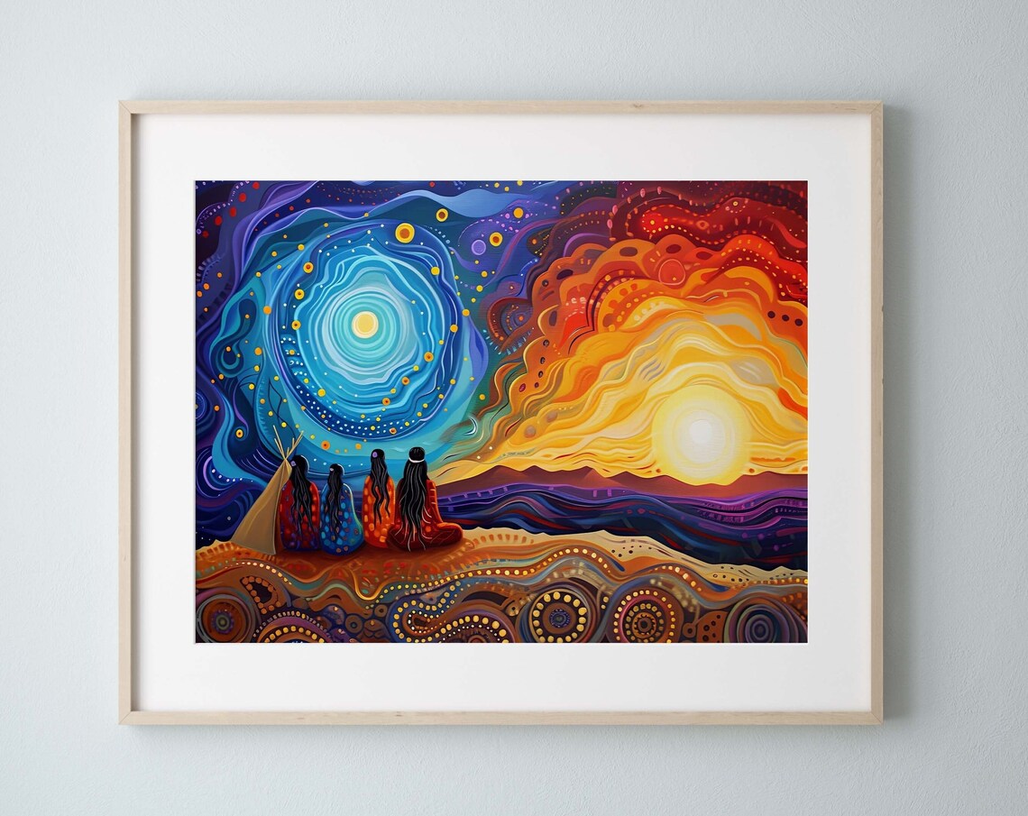 Beautiful Mystical Sun And Moon Indigenous Night Sky Spirit Poster