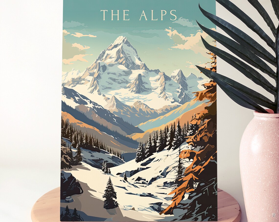 The Alps Snowy Mountain Peak Pine Forest Vintage Travel Poster - Image 7