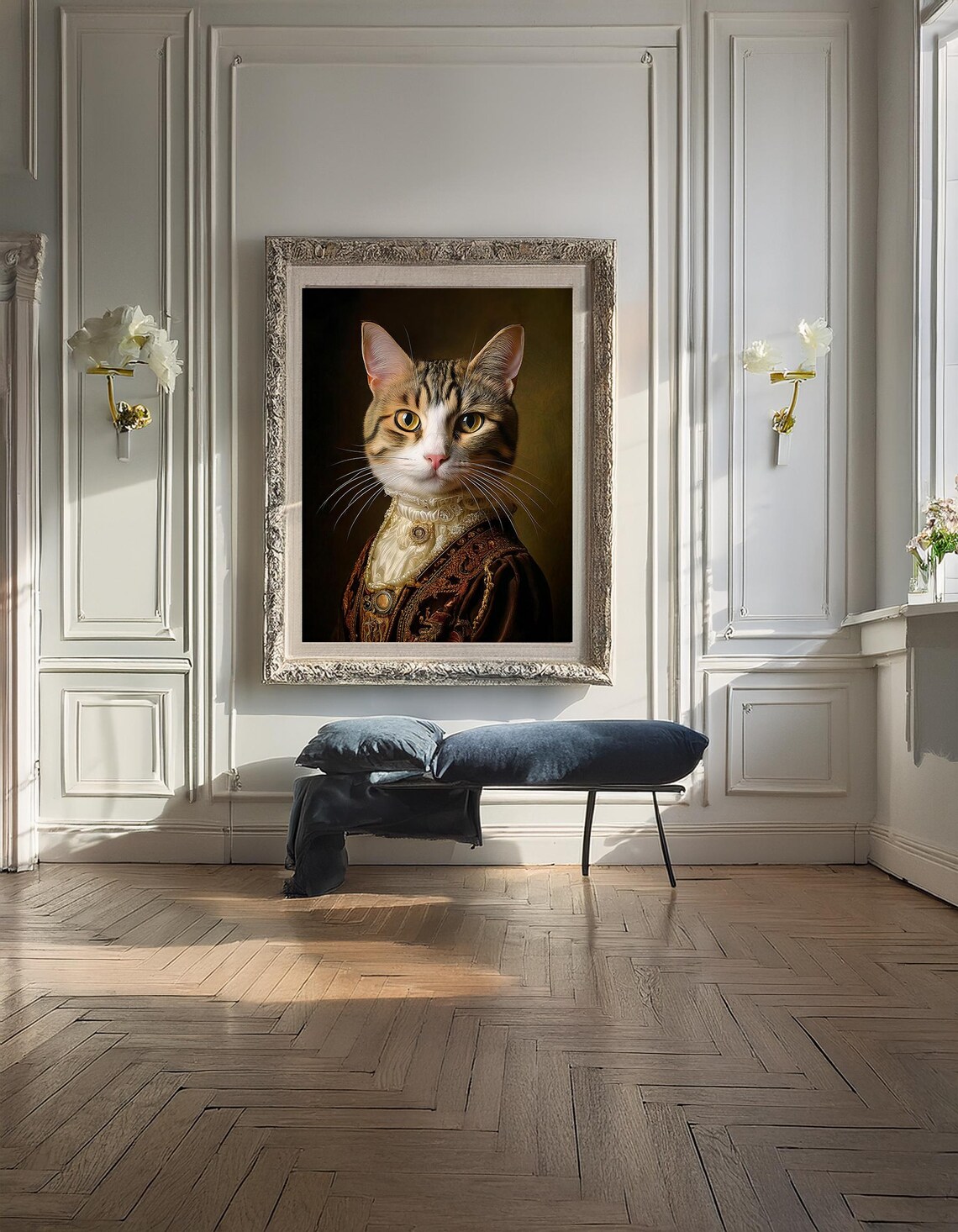 Victorian Cat Portrait Lady Tabby White Lace Dress Elegant Cat Wall Art Poster