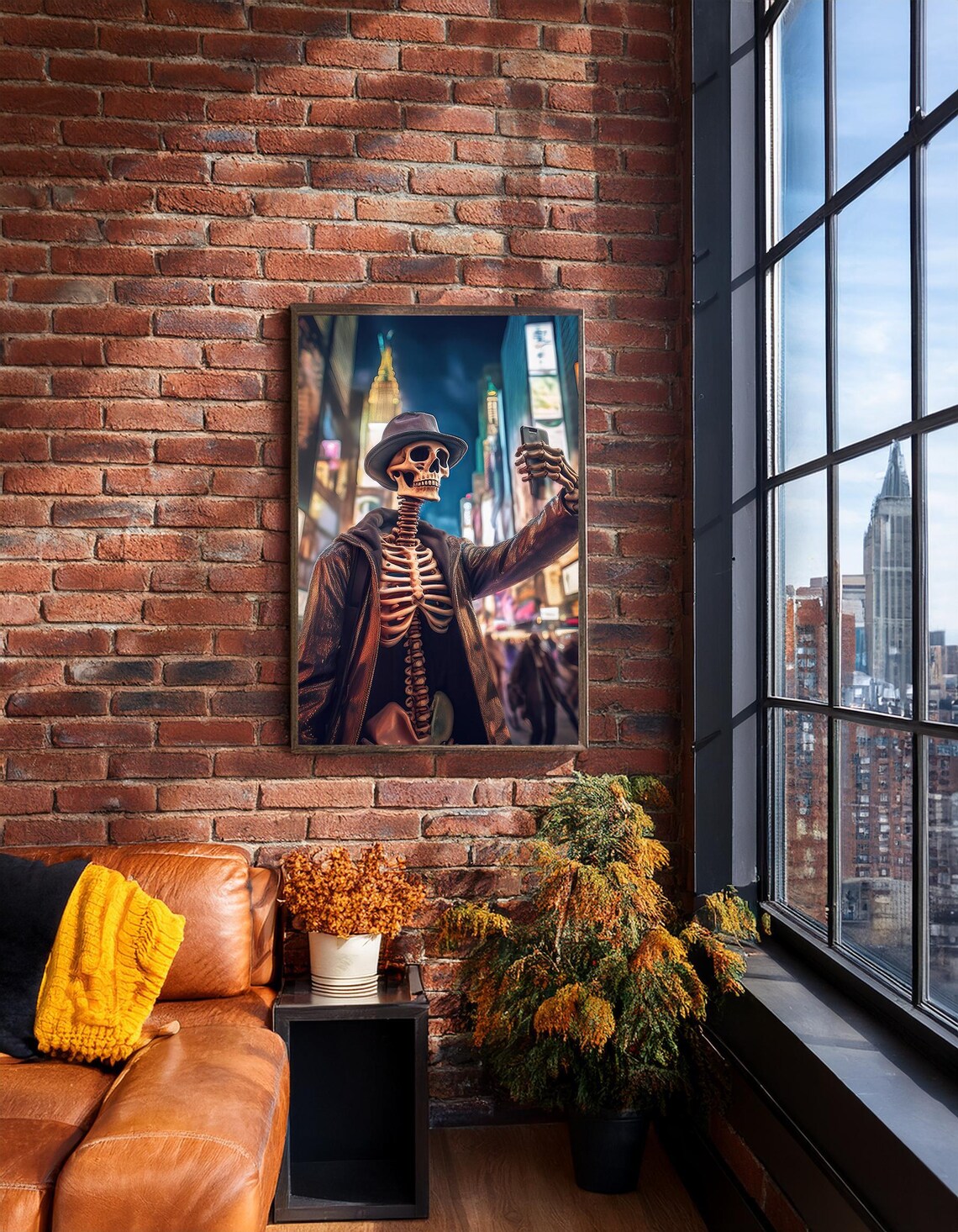 Funny Skeleton Taking Selfie Night City Street Halloween Art Poster - Image 6