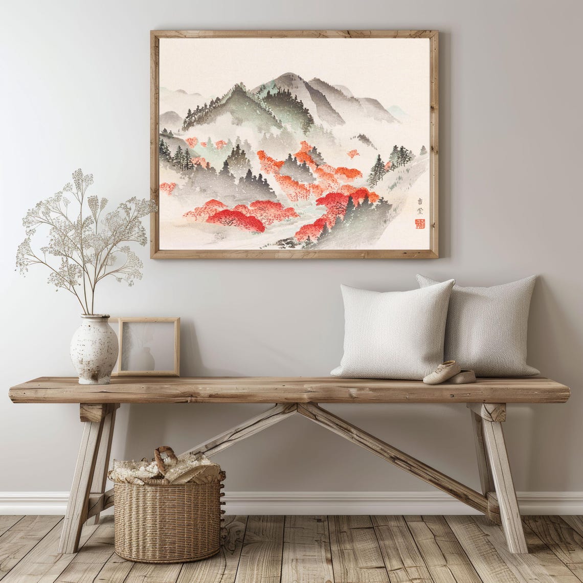 Japanese Misty Mountain Valley With Red Autumn Maples Art Poster - Image 4