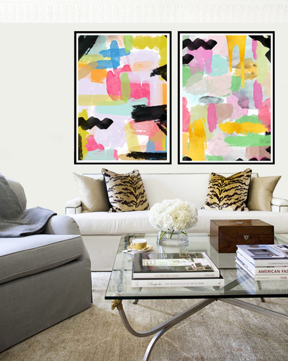 Colorful Abstract Brushstroke Blue Pink Yellow Black Modern Art Print - Image 3