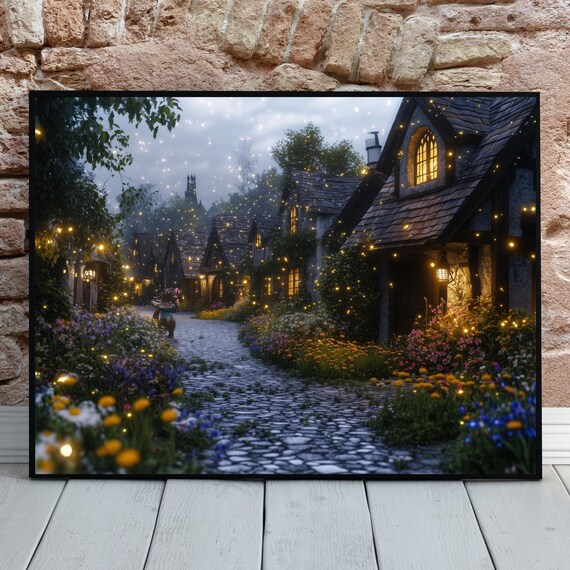 Charming Flower Village Cobblestone Lane Storybook Cottages Night Poster