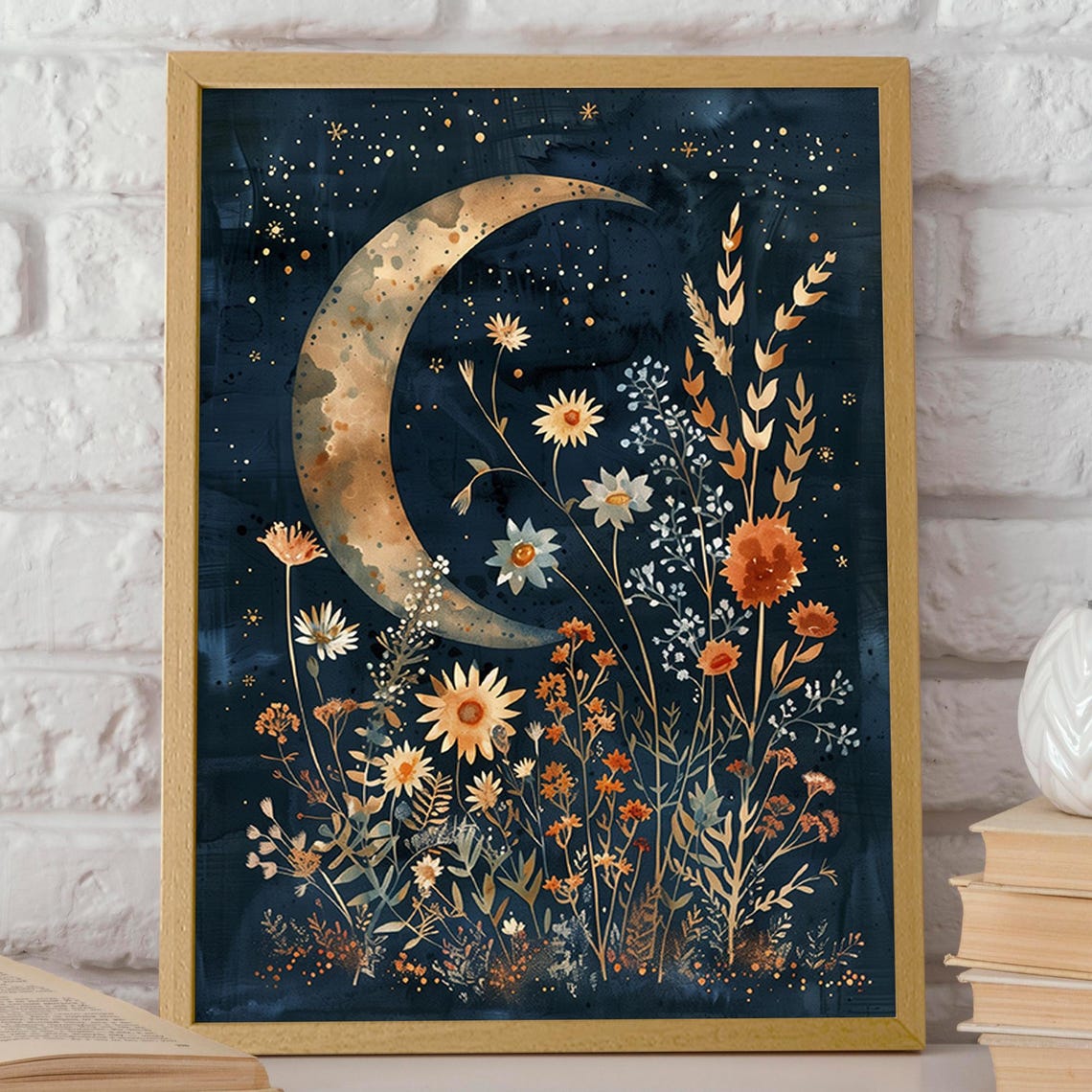 Moon and Flowers Art Print, Celestial Night Garden - Image 2