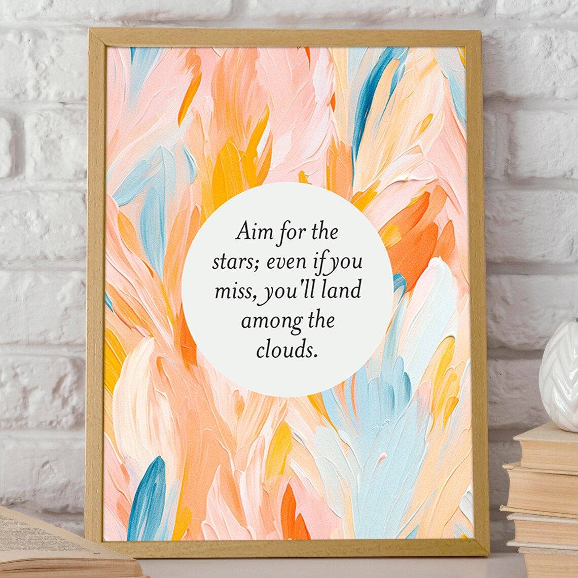 Aim For The Stars Pastel Abstract Feathers Inspirational Quote Poster - Image 2