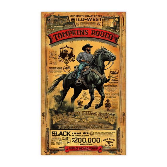 Tompkins Rodeo Poster Retro Western Cowboy Art Print Rustic Wild West Rodeo Arena Wall Decor Riders Of The Wild Frontier Print