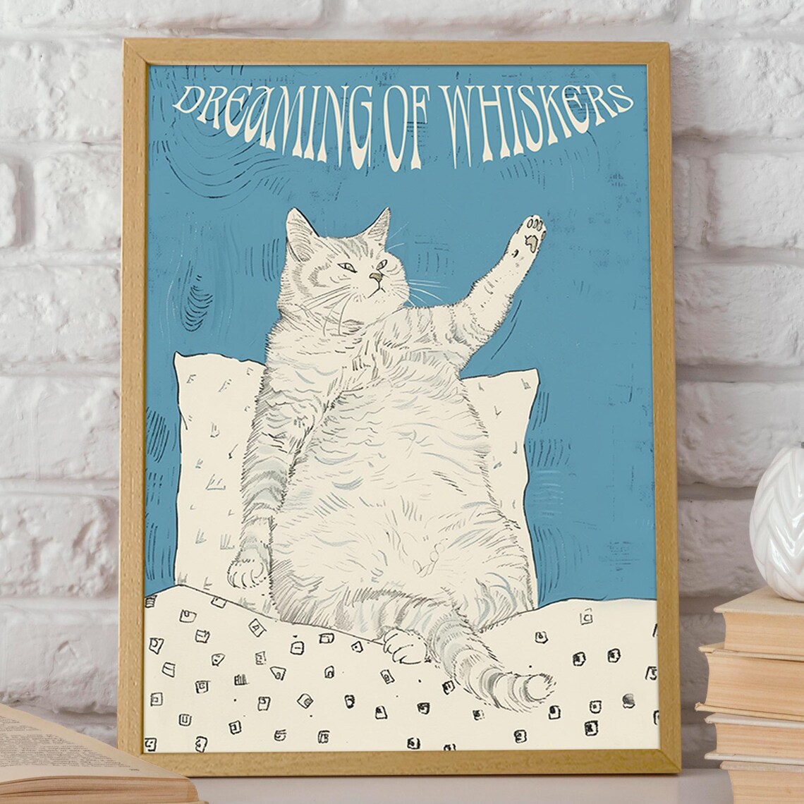 Dreaming Of Whiskers Sleepy White Cat Blue Illustration Poster - Image 2